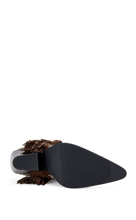 brown faux suede ankle bootie with turquoise and silver stud embellishments and finished with faux suede fringe