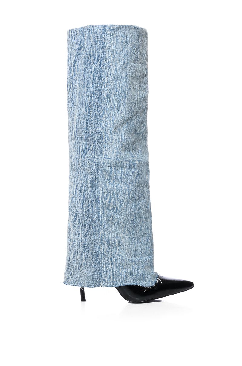 pointed toe knee high stiletto boots with denim fold over detail