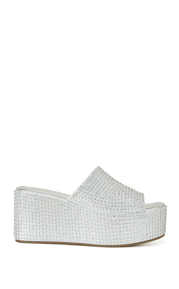 rhinestone embellished metallic silver faux leather platform slip on sandals 