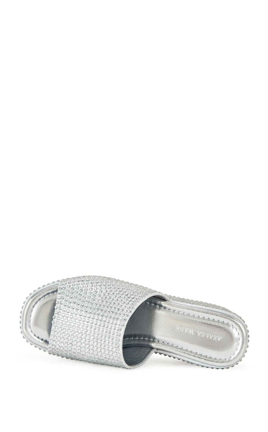 rhinestone embellished metallic silver faux leather platform slip on sandals 