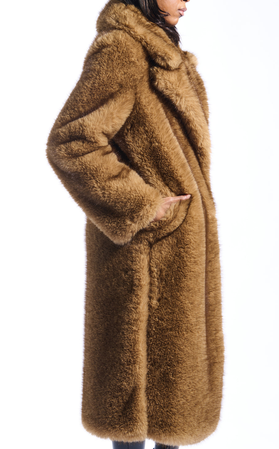 light brown faux fur statement trench coat with an oversized collar and pockets on the front sides
