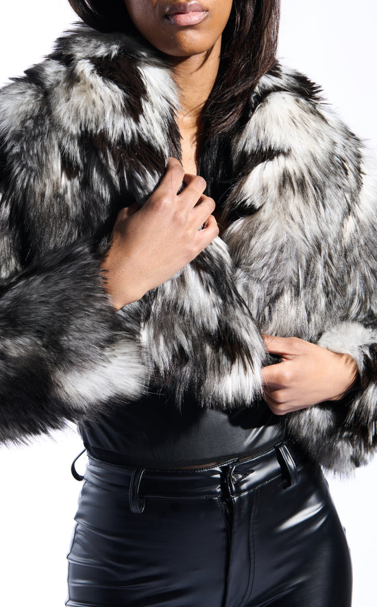 black grey and white faux fur cropped statement coat with an oversized collar