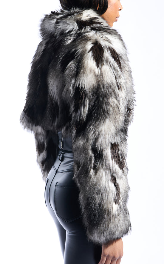 black grey and white faux fur cropped statement coat with an oversized collar