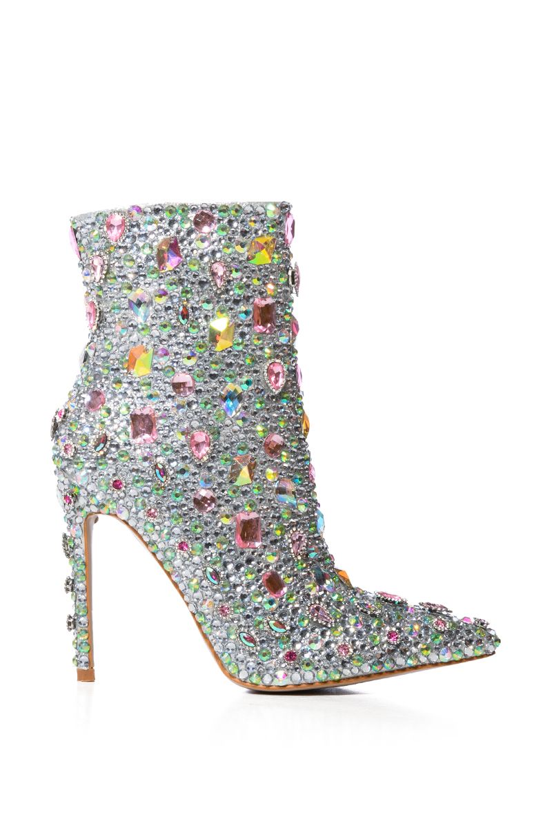 Stiletto heeled pointed toe boots with pastel rhinestone embellishment