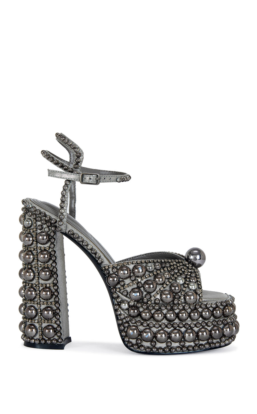 platform heeled peep toe statement heels with hematite pearl embellishments all over the heel, finished with an adjustable ankle strap

