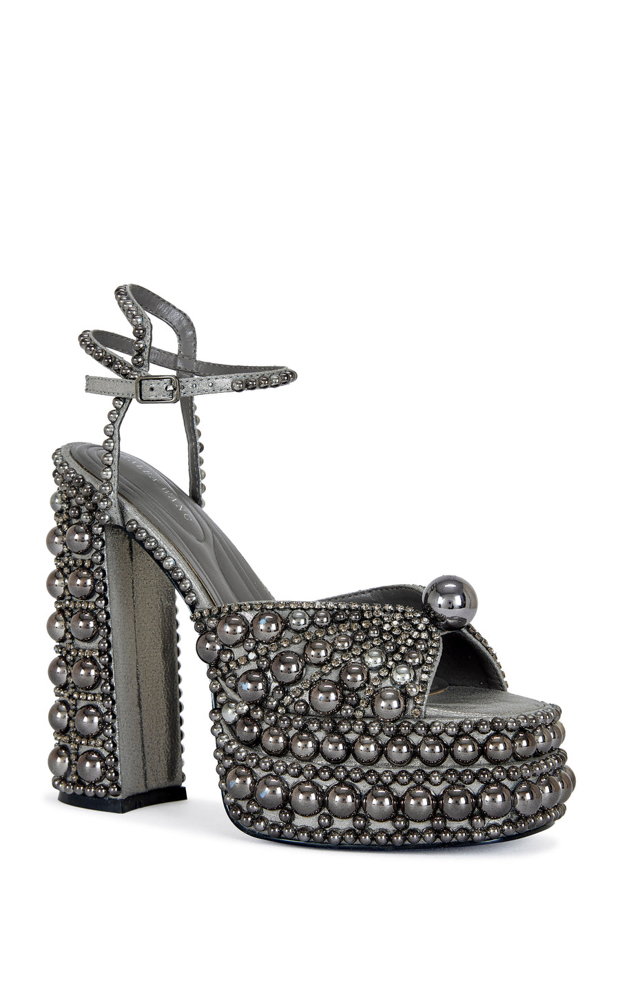 platform heeled peep toe statement heels with hematite pearl embellishments all over the heel, finished with an adjustable ankle strap
