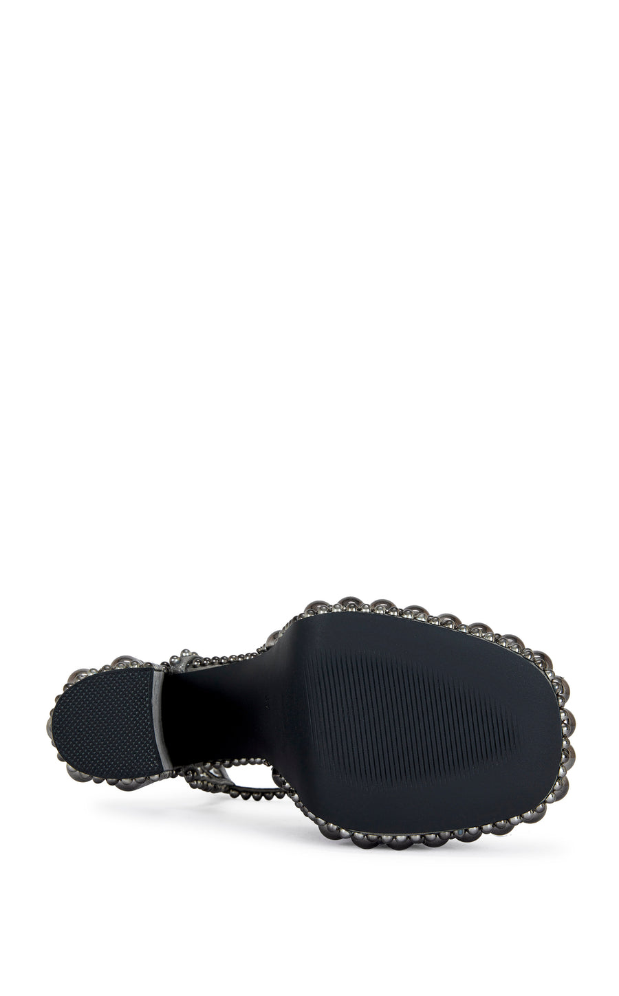 platform heeled peep toe statement heels with hematite pearl embellishments all over the heel, finished with an adjustable ankle strap
