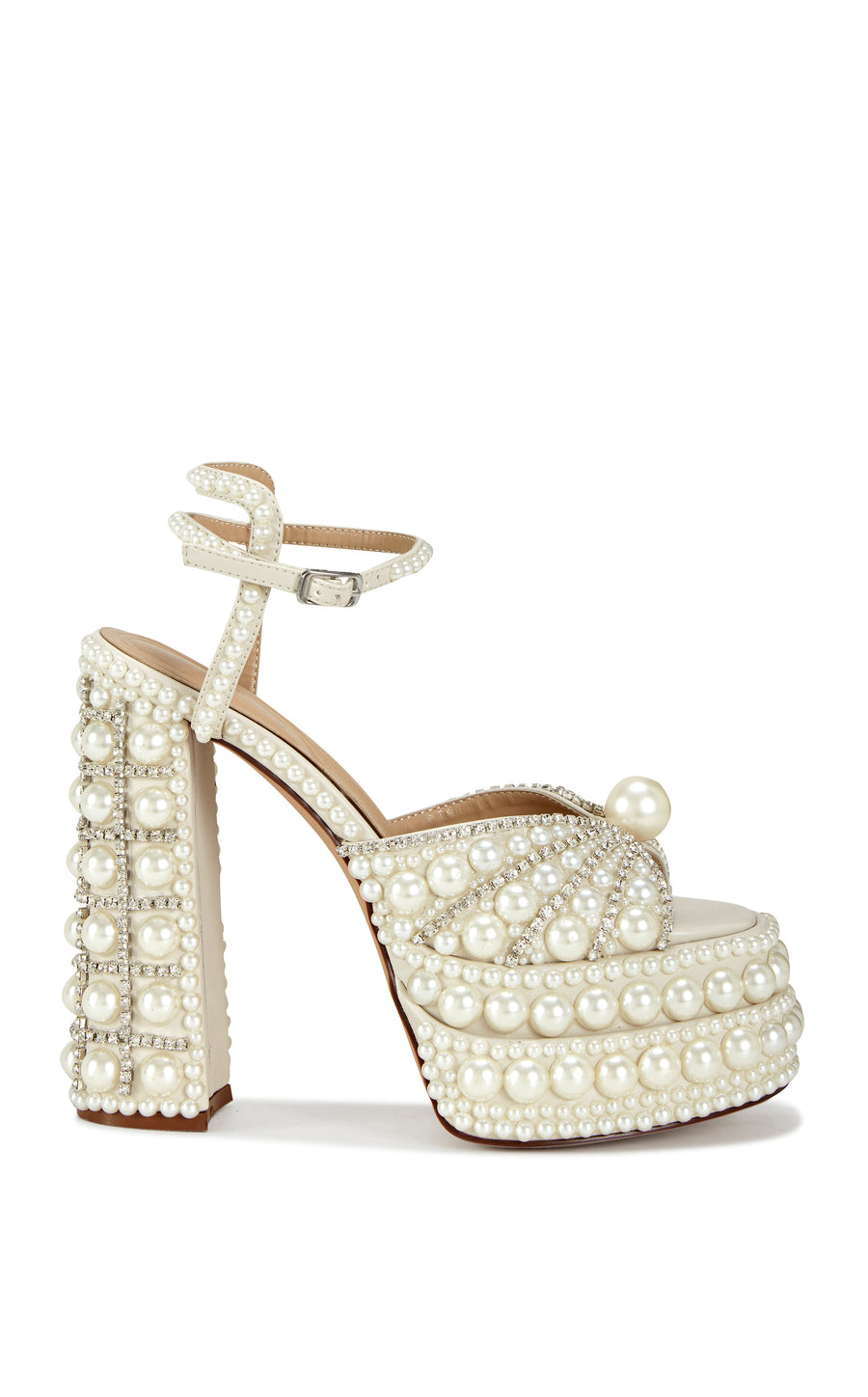 faux pearl and rhinestone embellished platform heels with an open toe and adjustable ankle strap closure