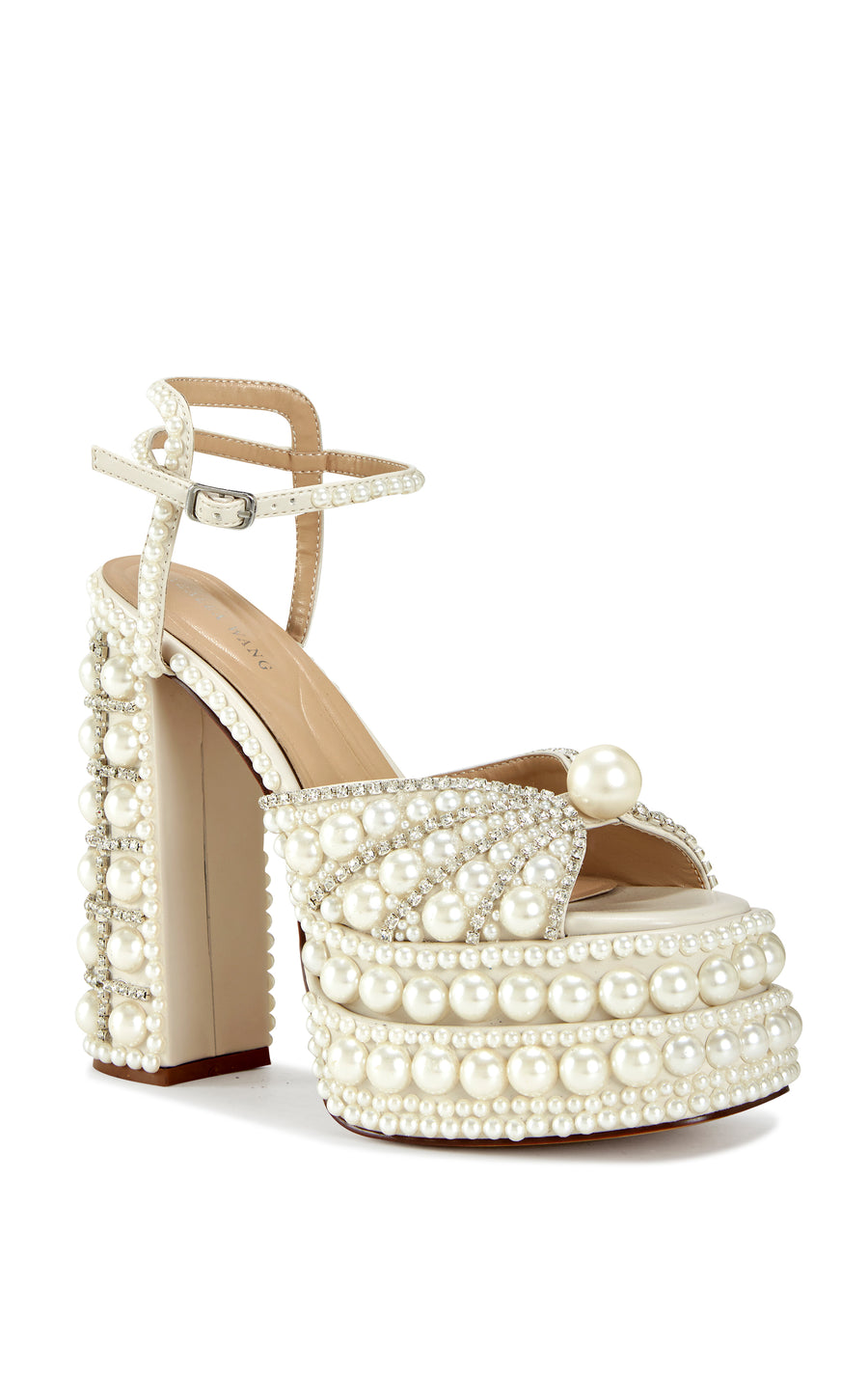 faux pearl and rhinestone embellished platform heels with an open toe and adjustable ankle strap closure