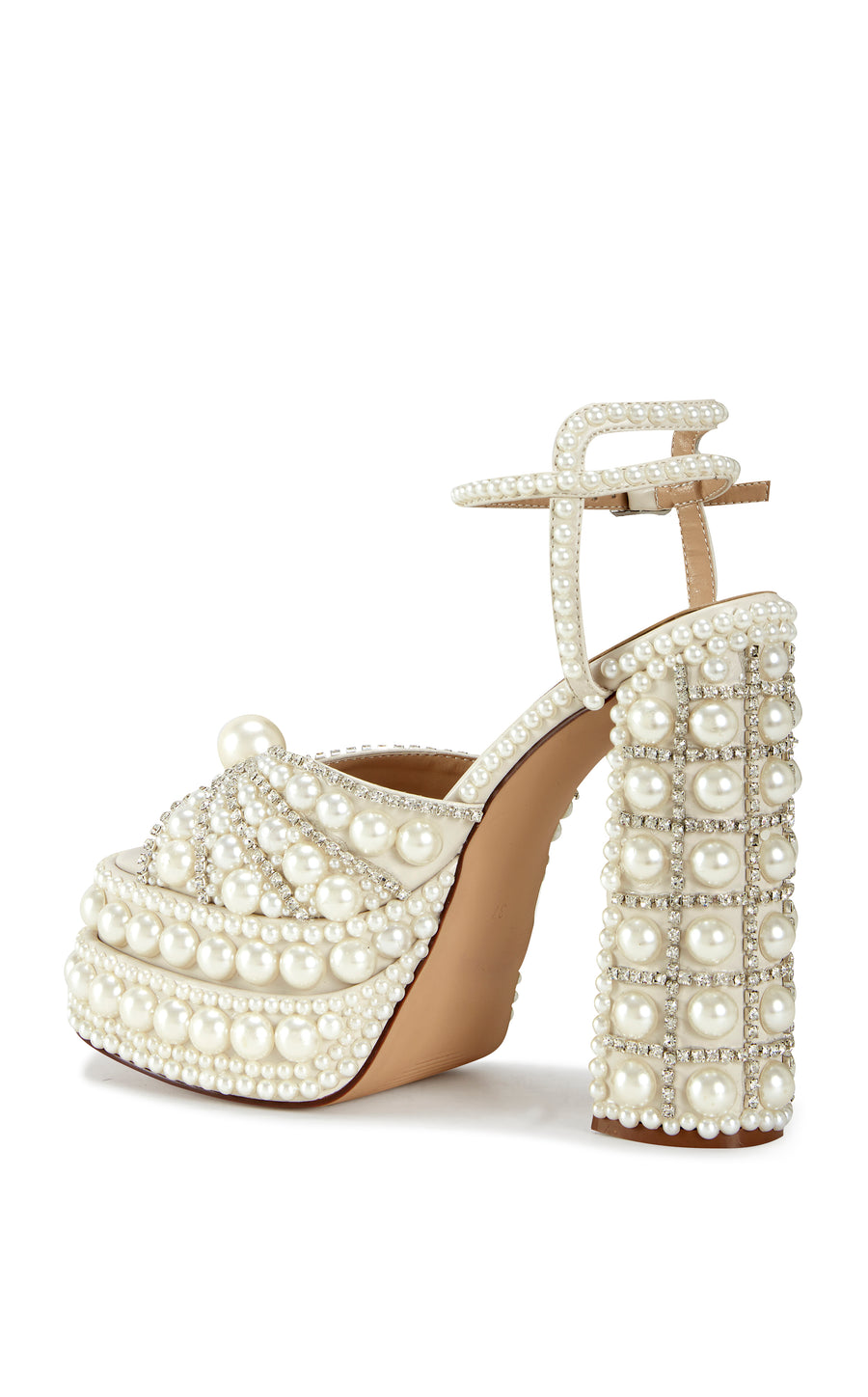 faux pearl and rhinestone embellished platform heels with an open toe and adjustable ankle strap closure