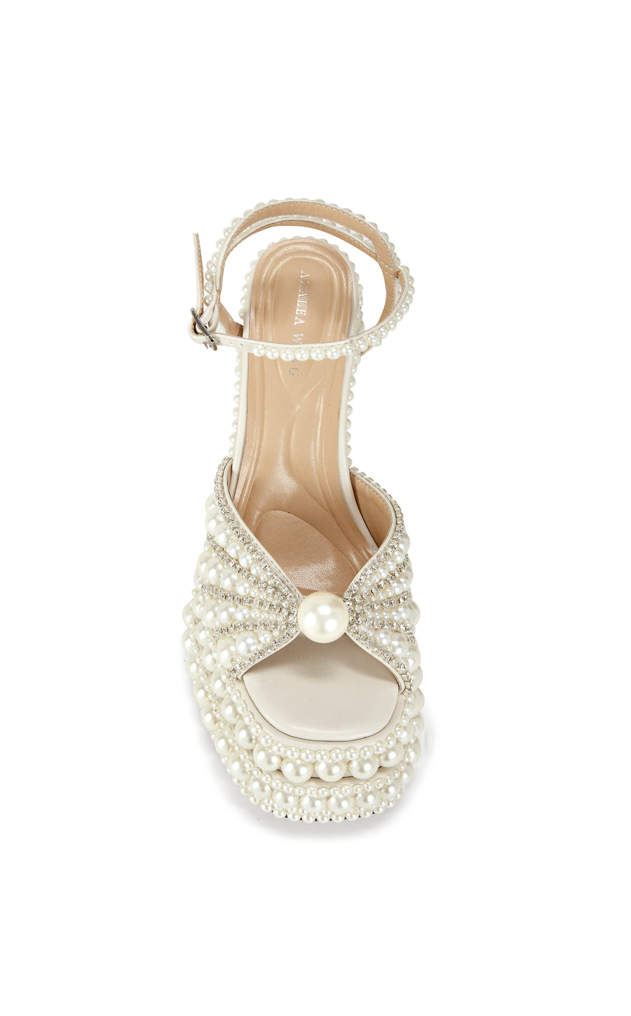 faux pearl and rhinestone embellished platform heels with an open toe and adjustable ankle strap closure