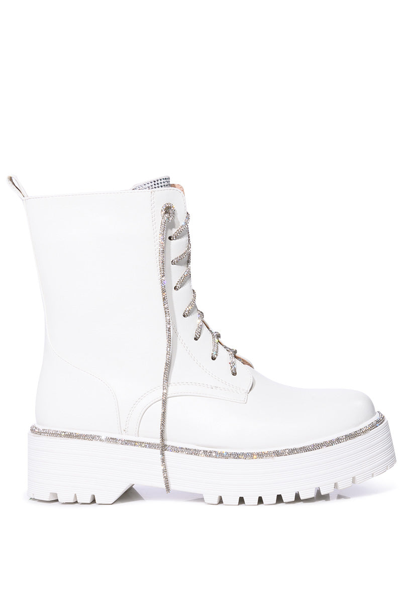 platform white combat boots with crystal lace and bedazzled tongue