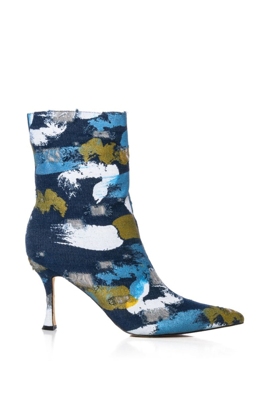 denim stiletto heel boots with paint pattern