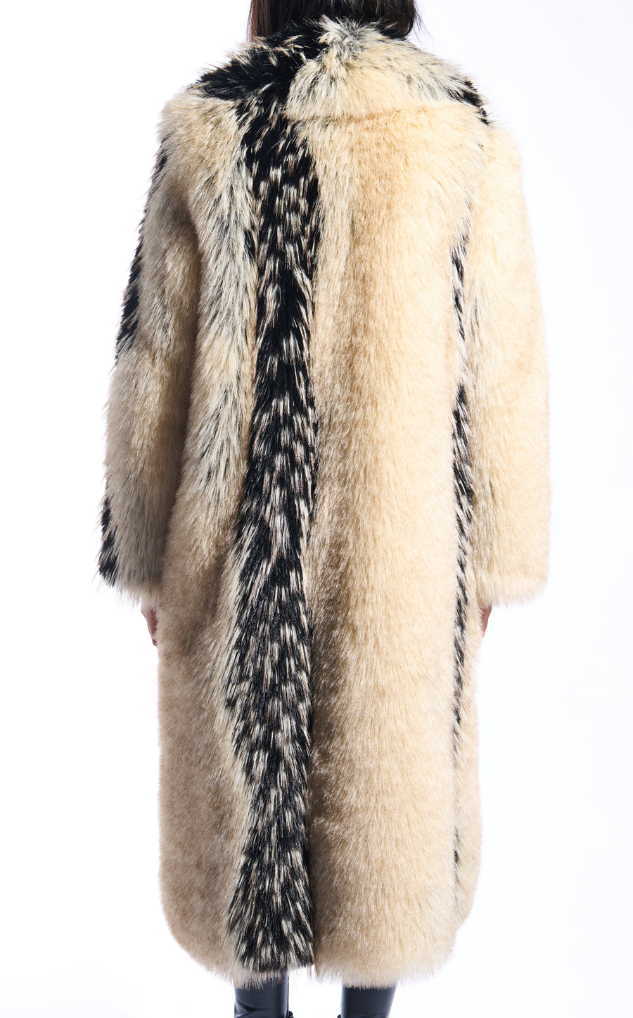 beige and black patterned faux fur statement trench coat wit an oversized collar and pockets