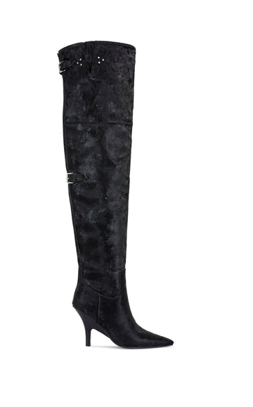 black faux leather thigh high statement boots with a stiletto heel, pointed toe and open back or an adjustable fit