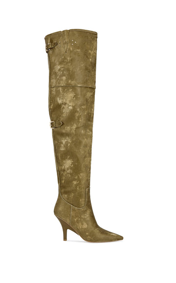 Army green faux suede thigh high statement boots with a stiletto heel, pointed toe and open back or an adjustable fit