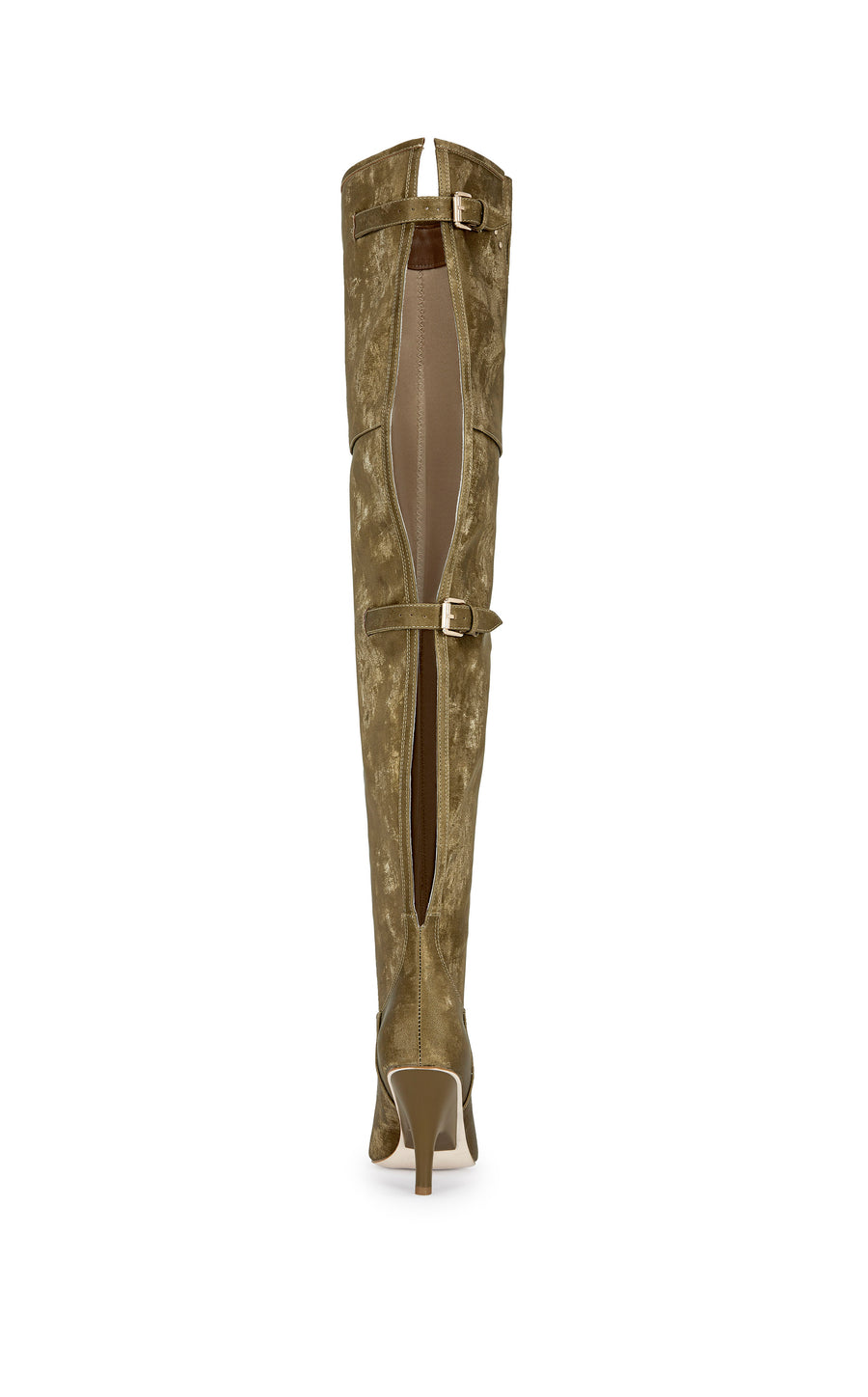 Army green faux suede thigh high statement boots with a stiletto heel, pointed toe and open back or an adjustable fit