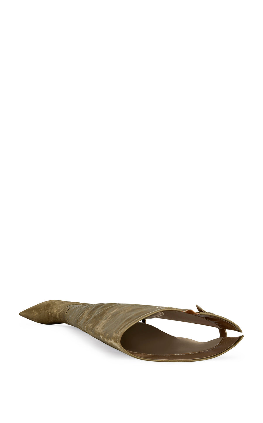 Army green faux suede thigh high statement boots with a stiletto heel, pointed toe and open back or an adjustable fit