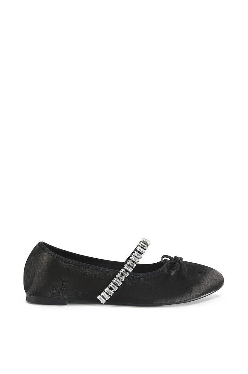 black ballet flat with a subtle bow accent on the front and a crystal rhinestone embellished strap