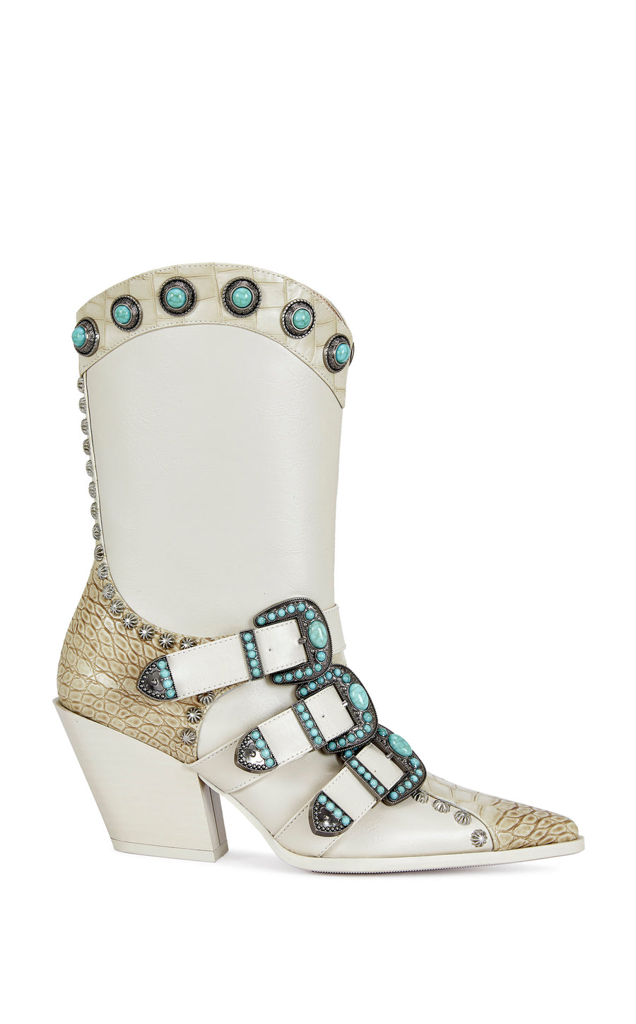 bone faux leather and beige faux snakeskin statement western booties with western belted accents finished with turquoise and silver studded accents.