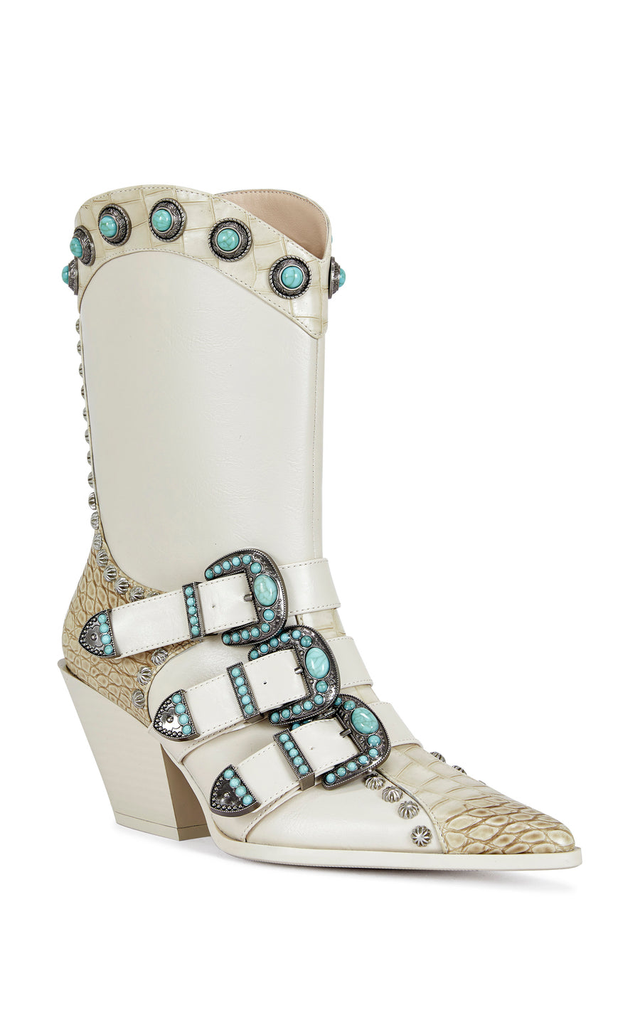 bone faux leather and beige faux snakeskin statement western booties with western belted accents finished with turquoise and silver studded accents.