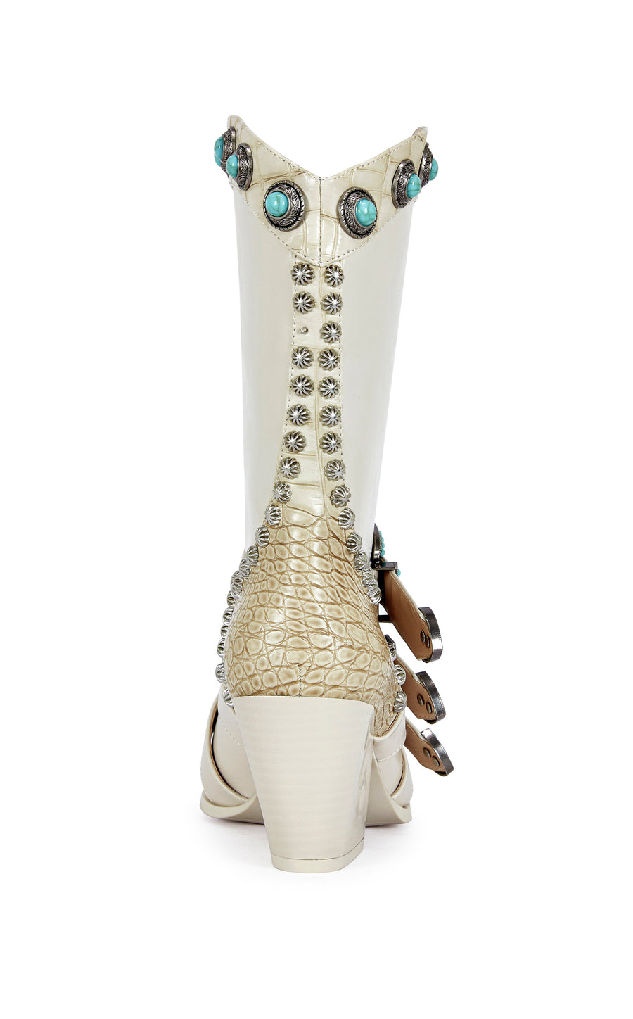 bone faux leather and beige faux snakeskin statement western booties with western belted accents finished with turquoise and silver studded accents.