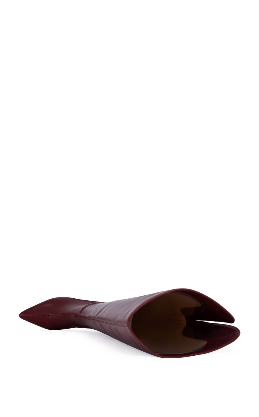 burgundy faux leather thigh high boots with a stiletto heel and pointed toe silhouette