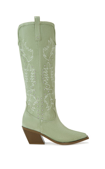 mint green faux suede statement western boots with a brown block heel and silver stud accents on the shaft