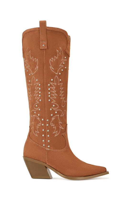 tan faux suede statement western boots with a brown block heel and silver stud accents on the shaft