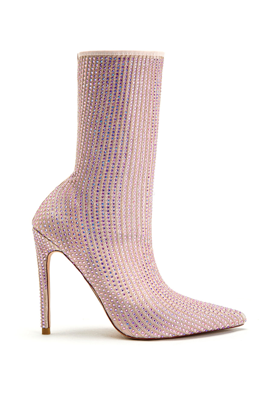baby pink pointed toe heel boots with a tight fit and rhinestone embellishment
