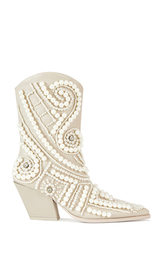 cream faux leather statement Western booties with a faux pearl embellished design
