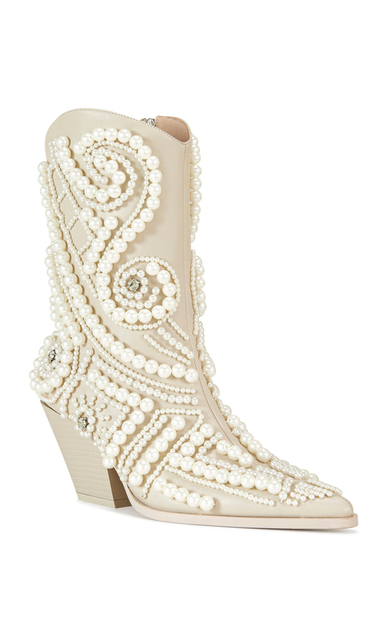 cream faux leather statement Western booties with a faux pearl embellished design