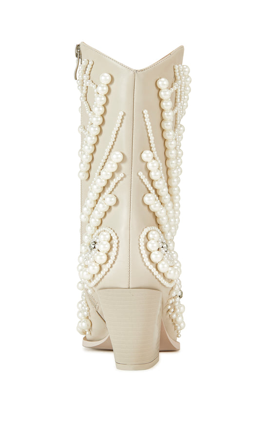 cream faux leather statement Western booties with a faux pearl embellished design