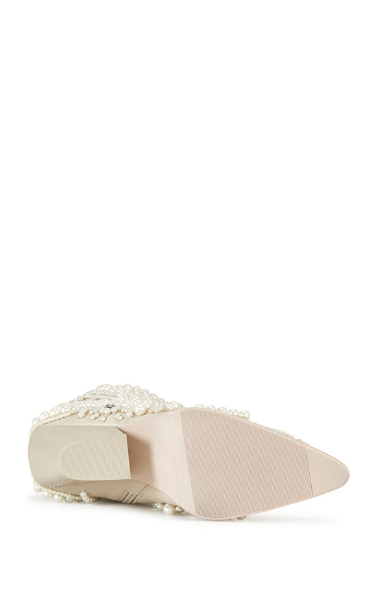 cream faux leather statement Western booties with a faux pearl embellished design