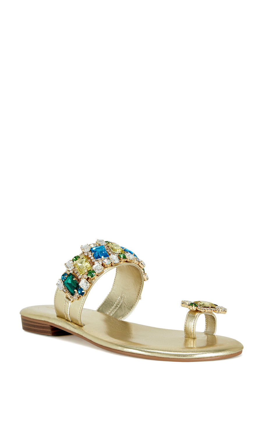 gold faux leather open toe flat sandal with a chunky blue, green, and silver rhinestone embellished toe and foot strap