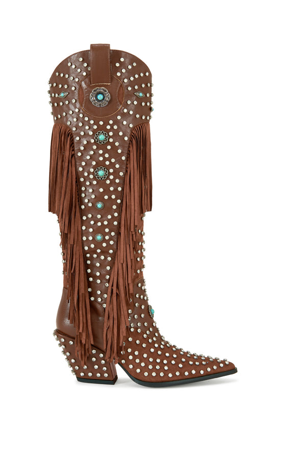 Brown faux leather statement western knee high boots with faux swede fringe, rhinestone embellishments, and turquoise flower accents on the shaft