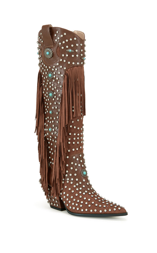 Brown faux leather statement western knee high boots with faux swede fringe, rhinestone embellishments, and turquoise flower accents on the shaft