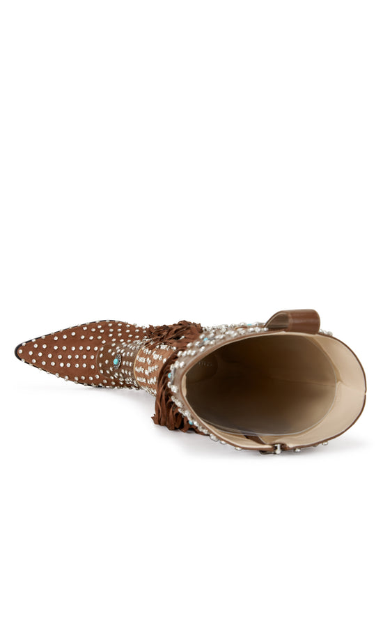 Brown faux leather statement western knee high boots with faux swede fringe, rhinestone embellishments, and turquoise flower accents on the shaft