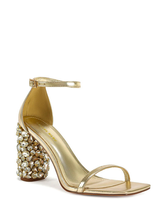metallic gold open toe heeled sandals with a crystal embellished block heel and an adjustable ankle strap closure