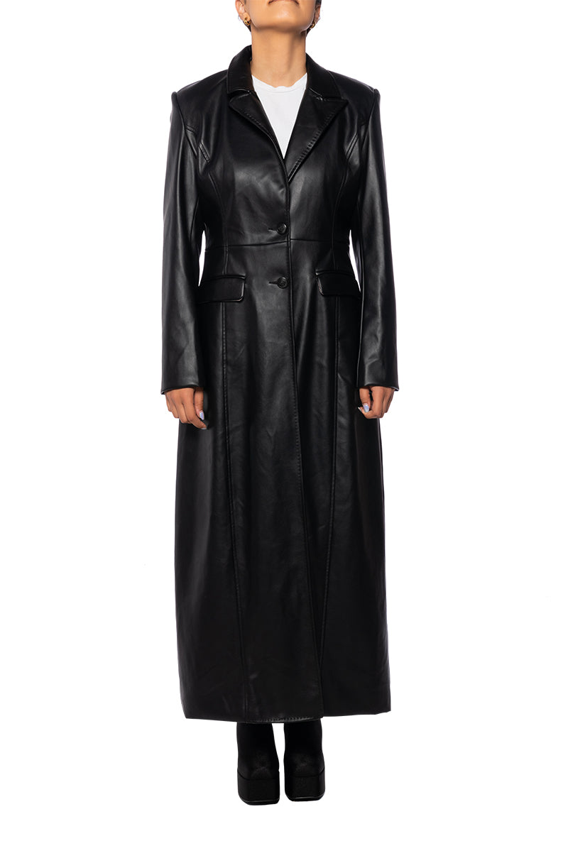 front view of black faux leather trench coat with button closure and pocket accent