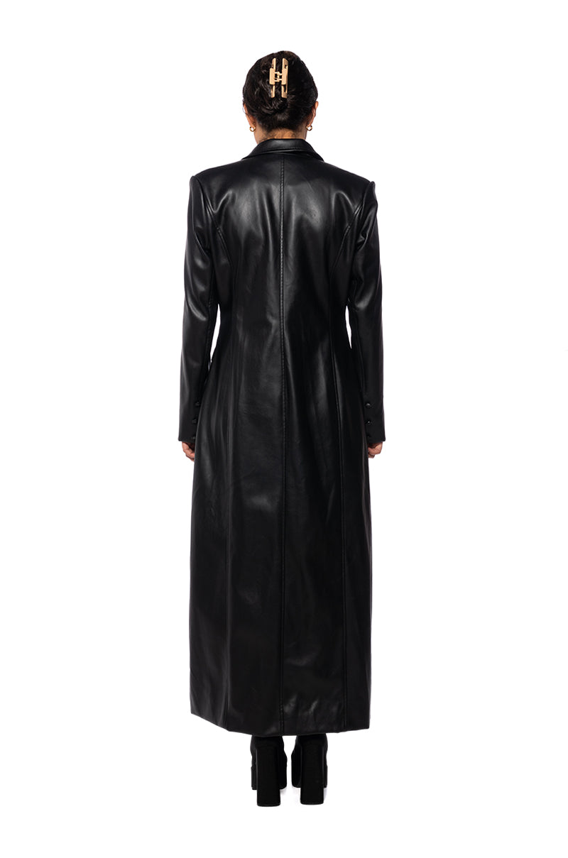 back view of black faux leather trench coat with button closure and pocket accent