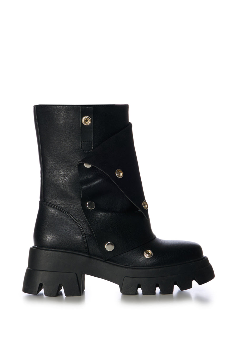 black chunky platform faux leather statement booties with a buttoned fold over silhouette on the shaft and a platform lug sole