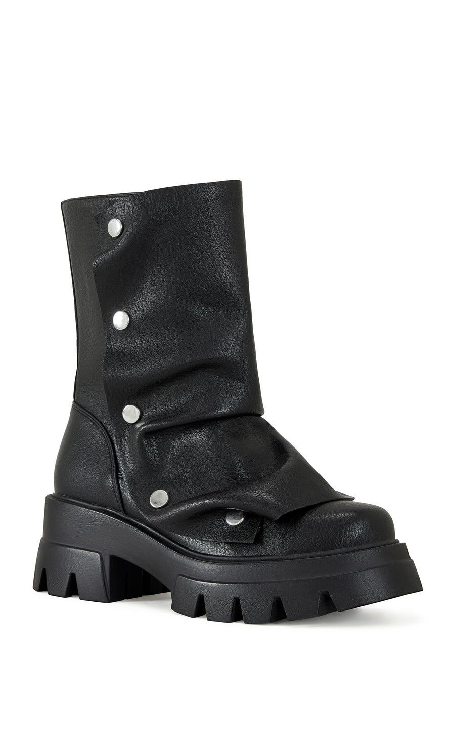 black chunky platform faux leather statement booties with a buttoned fold over silhouette on the shaft and a platform lug sole