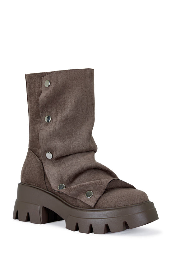 fashion forward brown faux suede ankle length combat booties with an adjustable snap overlay