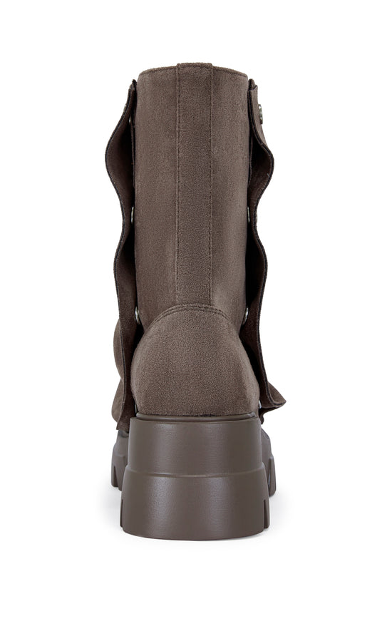 fashion forward brown faux suede ankle length combat booties with an adjustable snap overlay