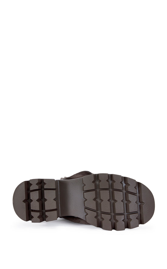 fashion forward brown faux suede ankle length combat booties with an adjustable snap overlay