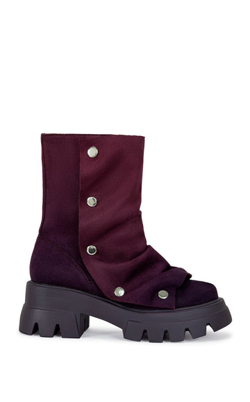 fashion forward ombre purple faux suede ankle length combat booties with an adjustable snap overlay