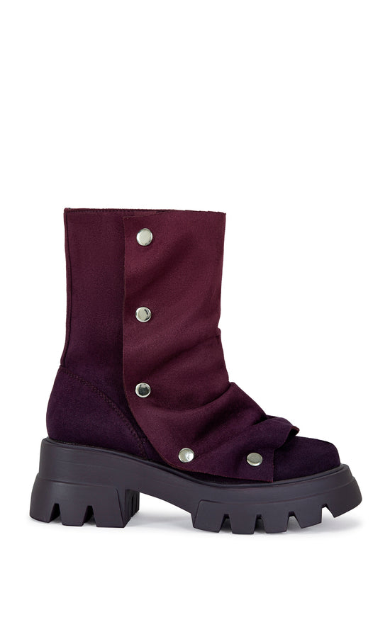 fashion forward ombre purple faux suede ankle length combat booties with an adjustable snap overlay