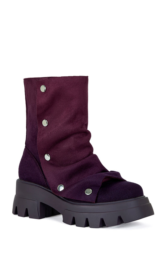 fashion forward ombre purple faux suede ankle length combat booties with an adjustable snap overlay