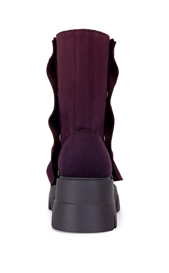 fashion forward ombre purple faux suede ankle length combat booties with an adjustable snap overlay